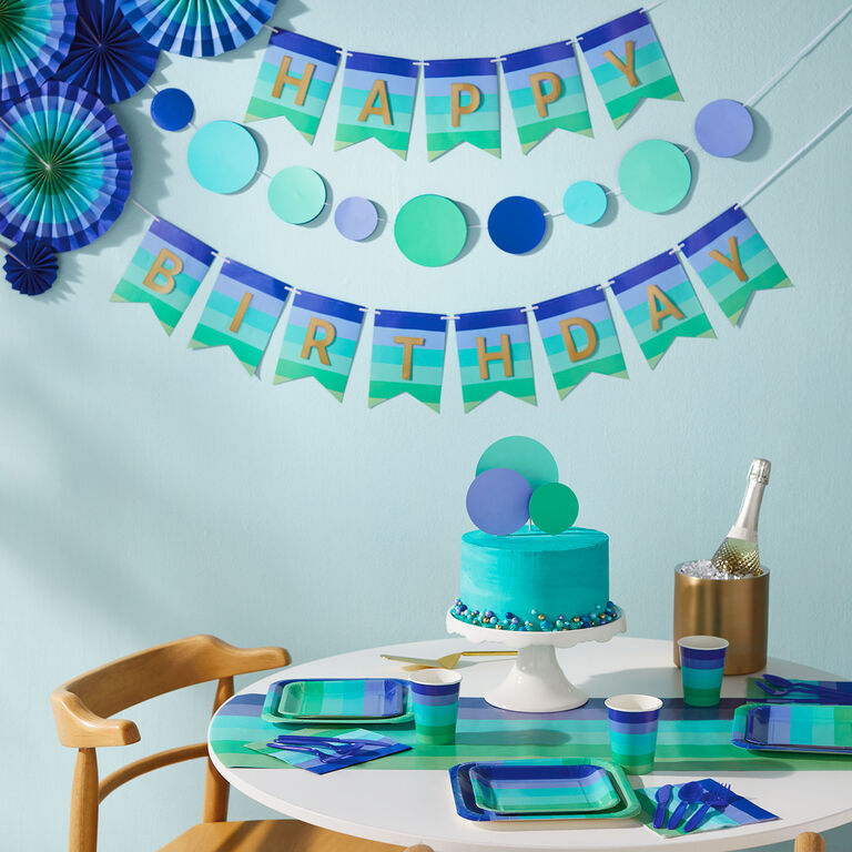 Hallmark Color Pop 96-Piece Tableware Basics Party Kit, Cool Ombré Stripe