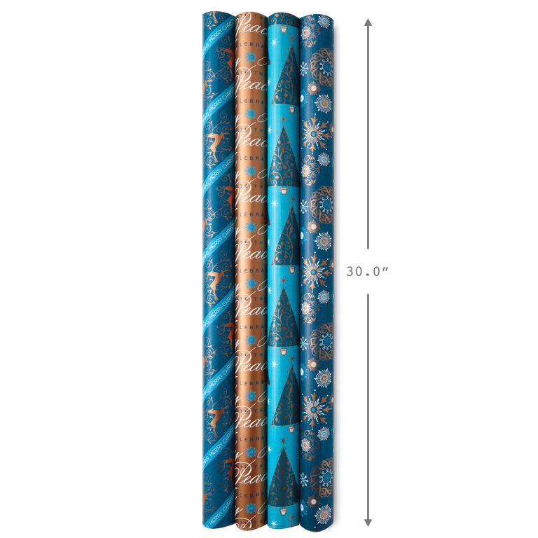 Hallmark Elegant Blues 4-Pack Blue And Gold Reversible Wrapping Paper, 150 Sq. Ft.