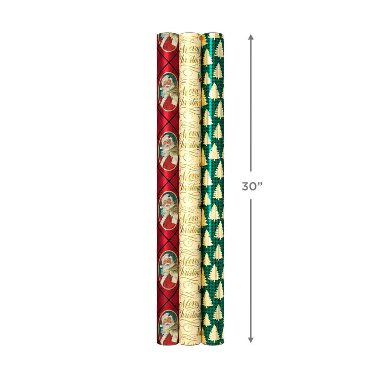 Hallmark Traditional 3-Pack Foil Christmas Wrapping Paper Assortment, 60 Sq. Ft.
