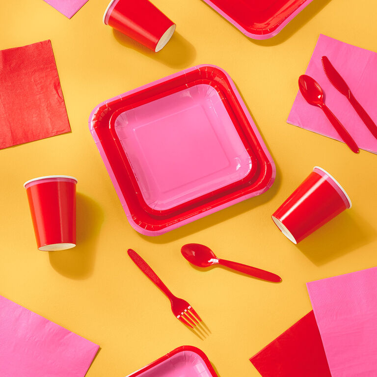 Hallmark Color Pop 96-Piece Tableware Basics Party Kit, Red And Pink