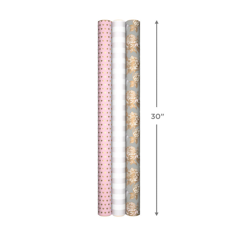 Hallmark Pink And Gray 3-Pack Wrapping Paper, 85 Sq. Ft. Total