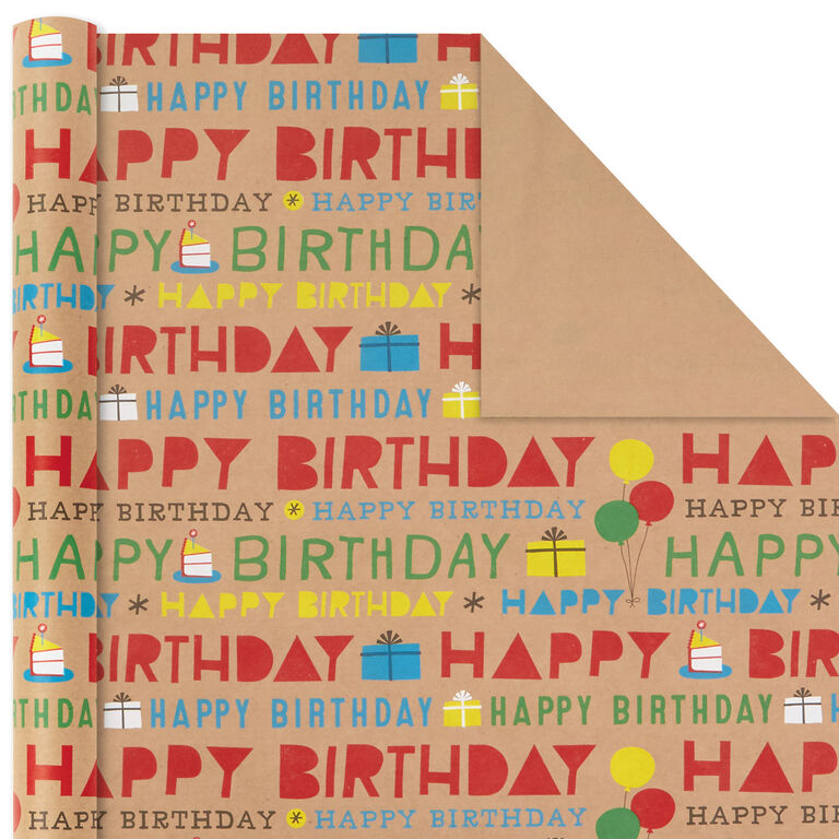 Hallmark Primary Birthday 3-Pack Kraft Wrapping Paper, 105 Sq. Ft. Total