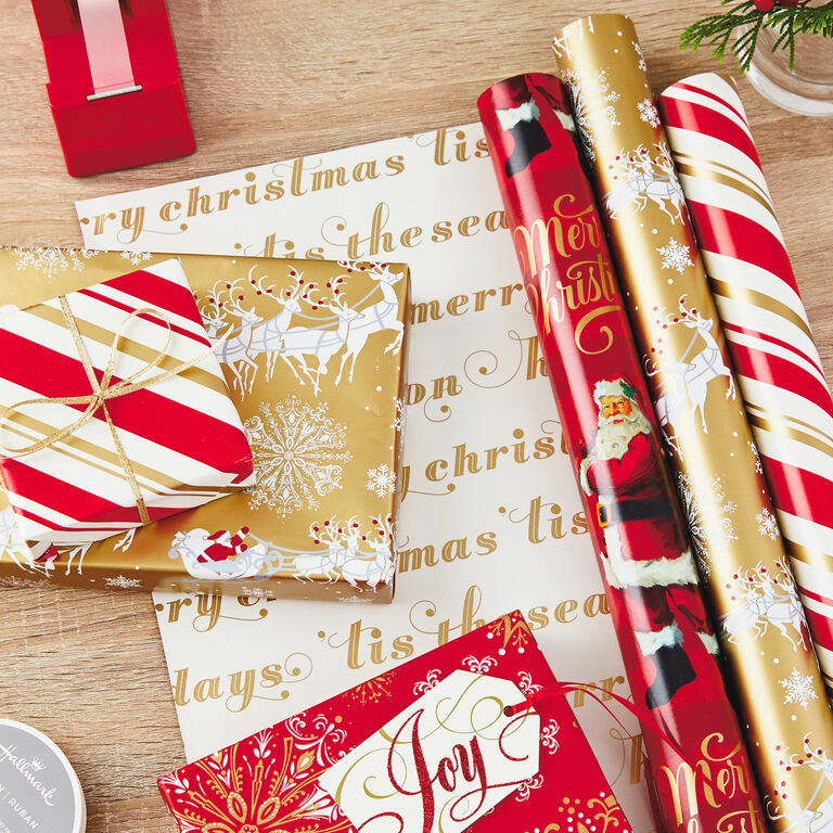 Hallmark Red And Gold 3-Pack Reversible Christmas Wrapping Paper, 120 Sq. Ft.