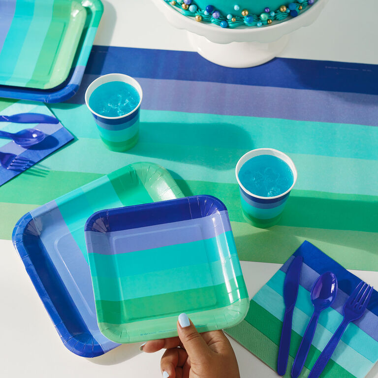 Hallmark Color Pop 96-Piece Tableware Basics Party Kit, Cool Ombré Stripe