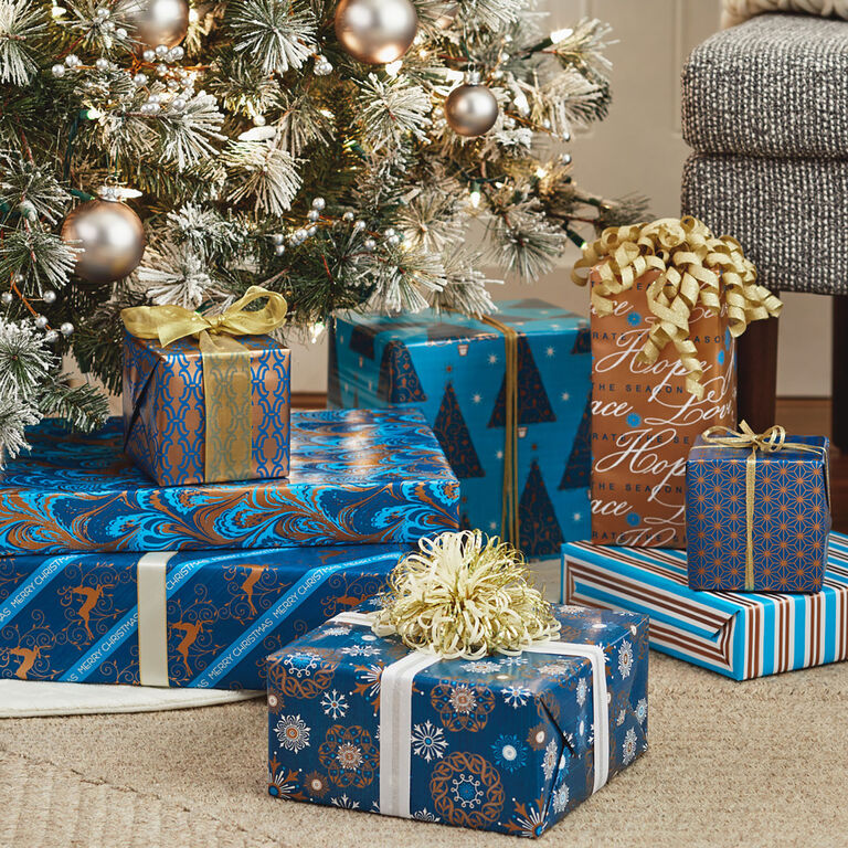 Hallmark Elegant Blues 4-Pack Blue And Gold Reversible Wrapping Paper, 150 Sq. Ft.