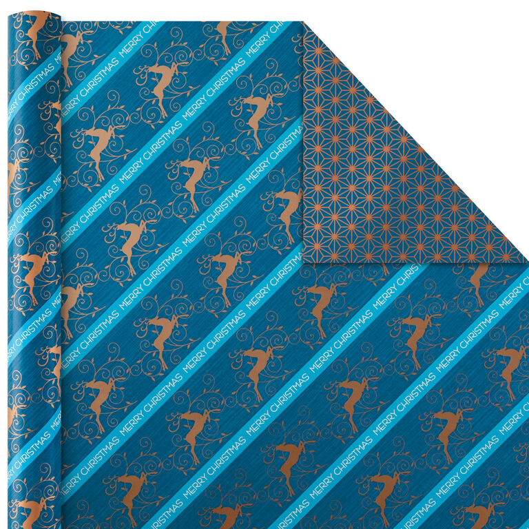 Hallmark Elegant Blues 4-Pack Blue And Gold Reversible Wrapping Paper, 150 Sq. Ft.