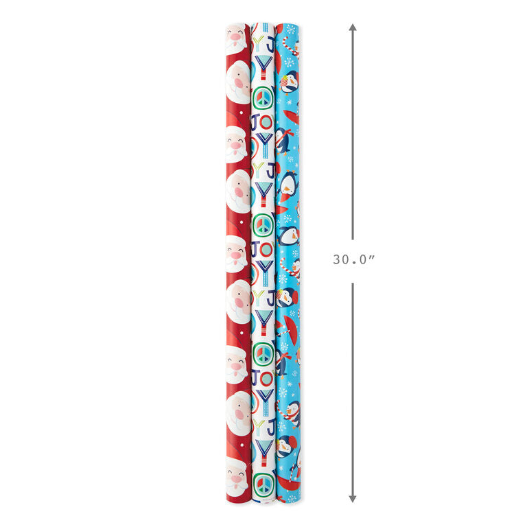 Hallmark Bright Joy 3-Pack Kids Reversible Christmas Wrapping Paper Assortment, 120 Sq. Ft.