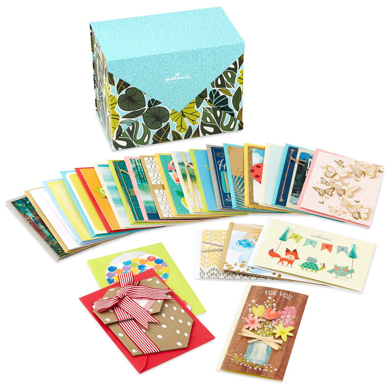 Hallmark Premium Assorted Handmade All-Occasion Cards In Leaf Print Organizer, Box Of 24