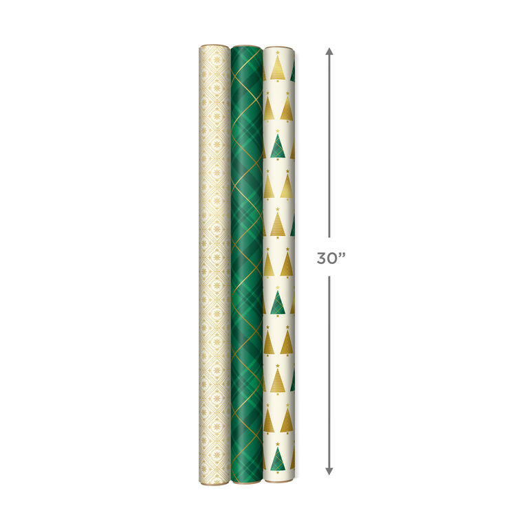 Hallmark Gold And Green 3-Pack Christmas Wrapping Paper Assortment, 120 Sq. Ft.