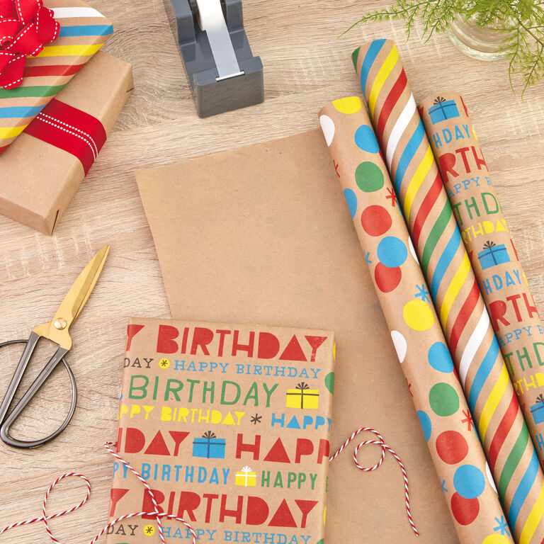 Hallmark Primary Birthday 3-Pack Kraft Wrapping Paper, 105 Sq. Ft. Total