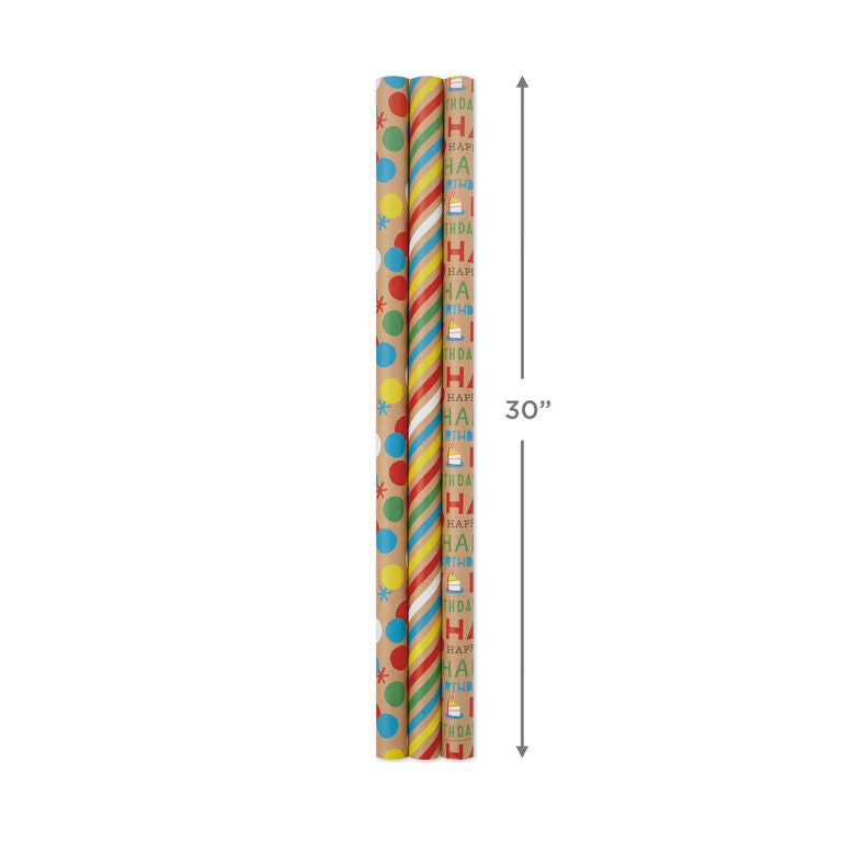 Hallmark Primary Birthday 3-Pack Kraft Wrapping Paper, 105 Sq. Ft. Total